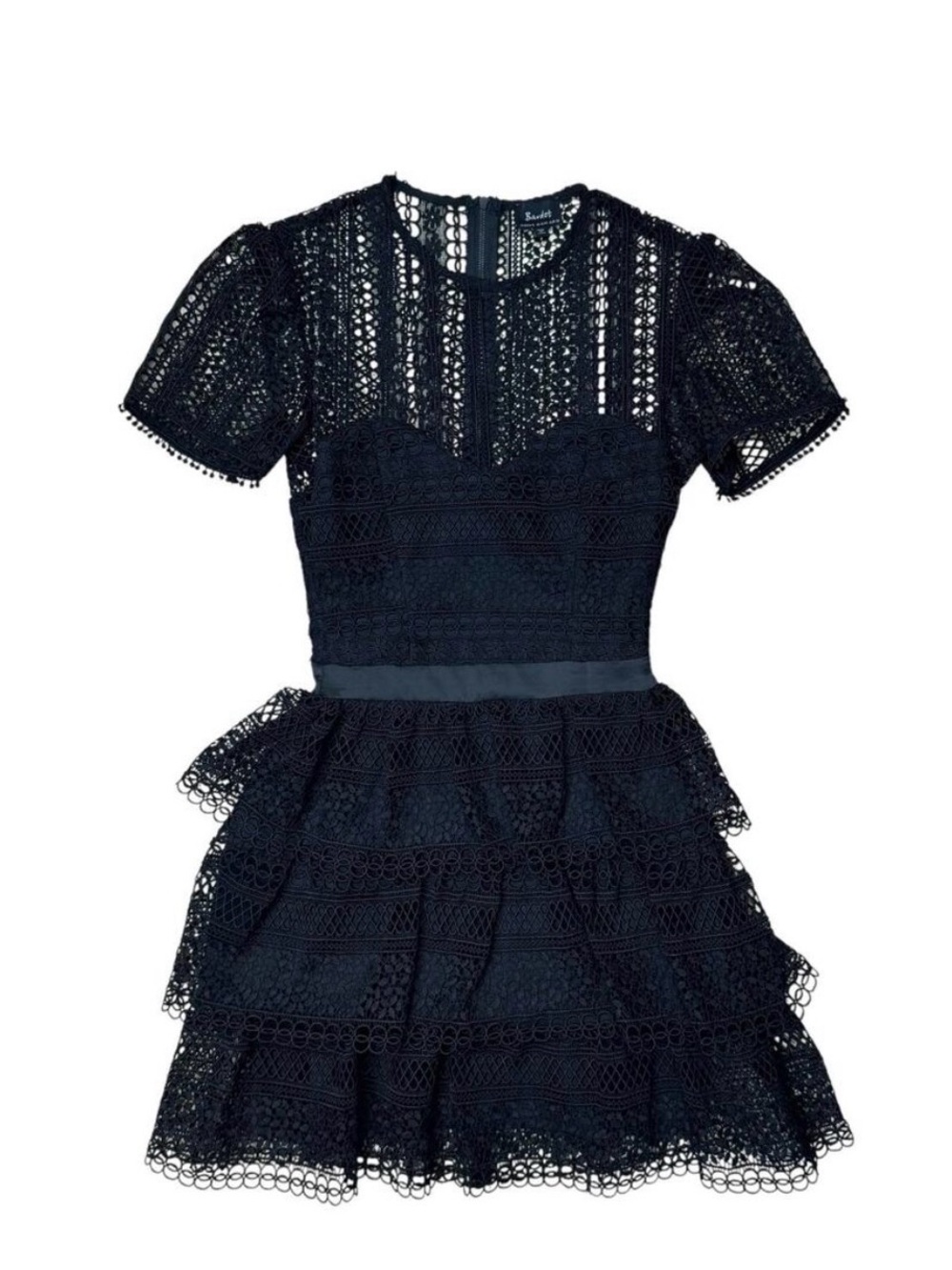 Bardot Navy Lace Tiered Dress with Ribbon Waist